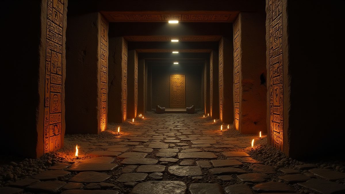 A dark labyrinth with walls illuminated by hieroglyphs and hidden treasures.