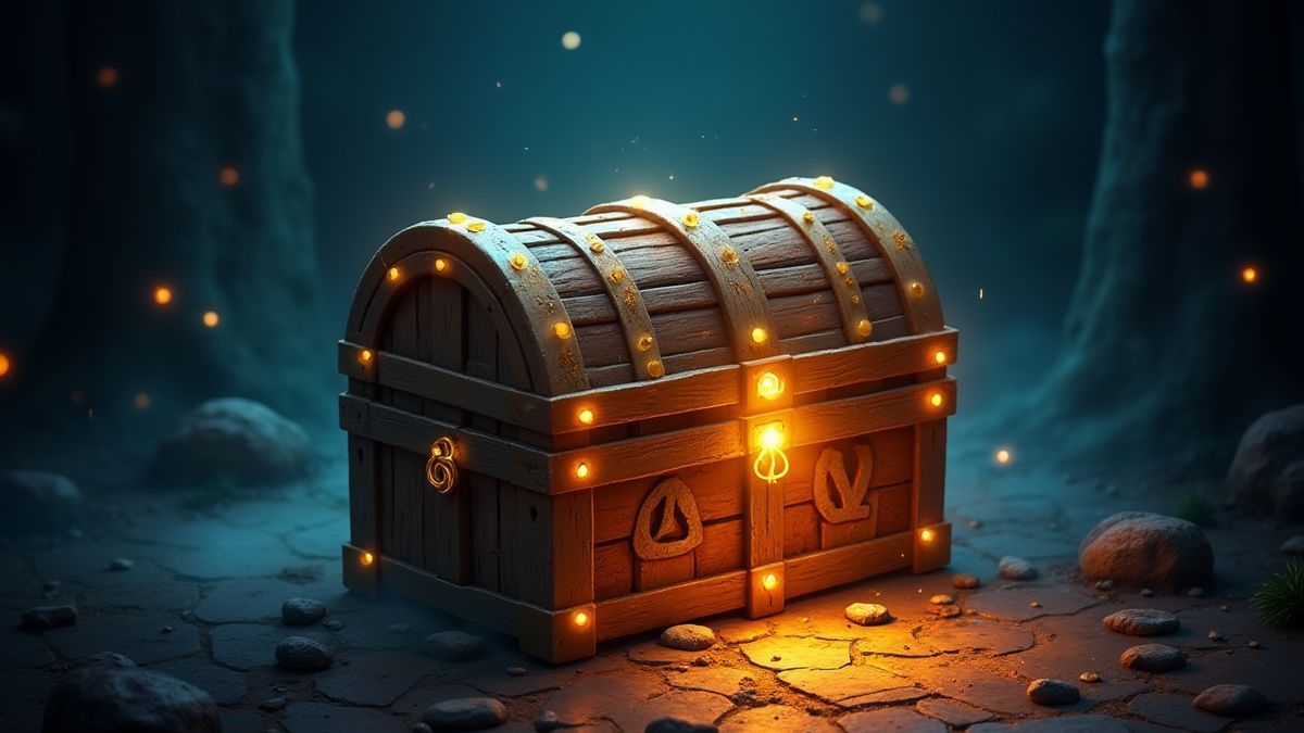 Un cofre del tesoro brillante rodeado de runas mágicas