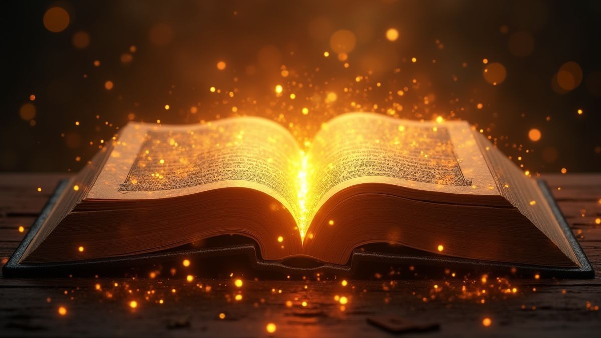 Un libro medieval brillante rodeado de destellos dorados y energía mística.