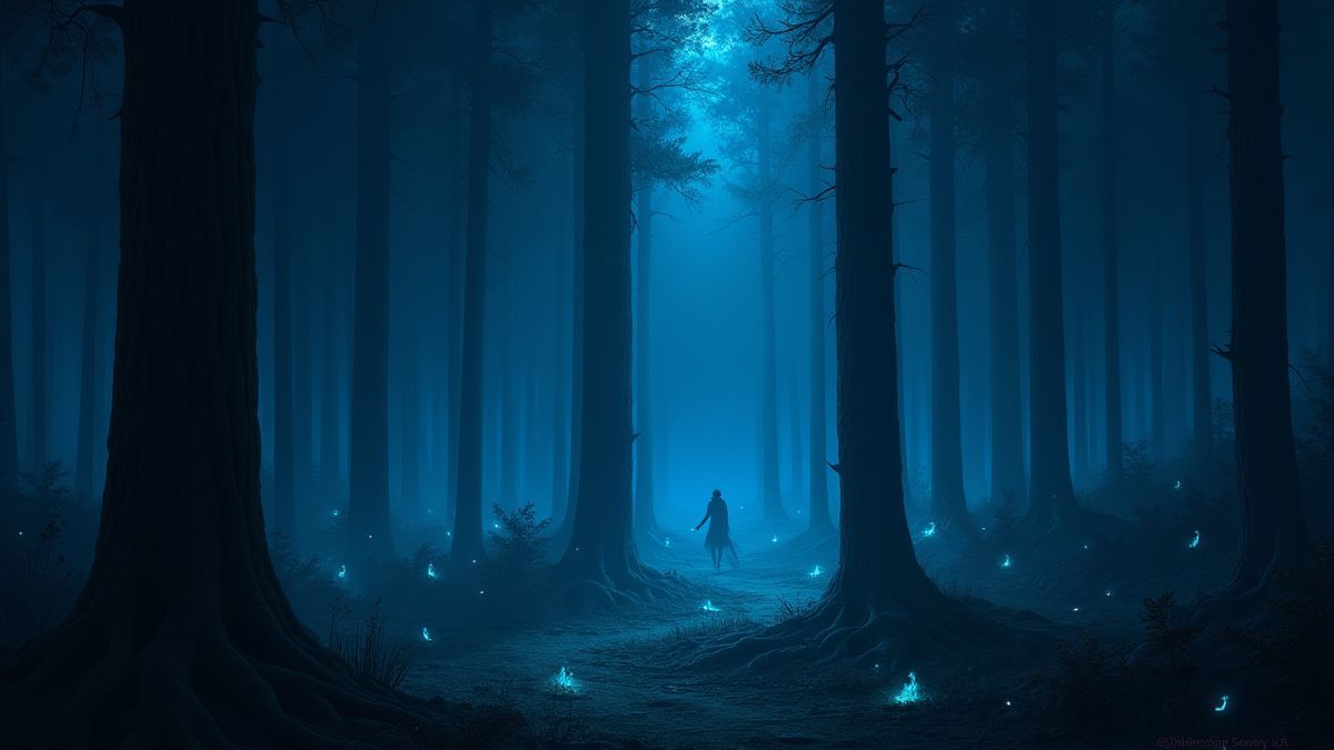 Une forêt sombre avec des lumières bleues brillantes et des créatures mystiques.