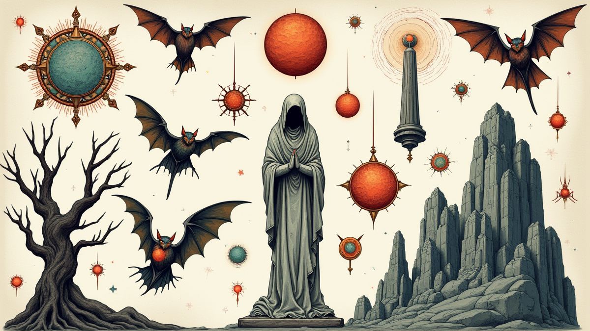 Illustration détaillée de symboles mystiques comme des orbes, des statues anciennes et des chauves-souris.