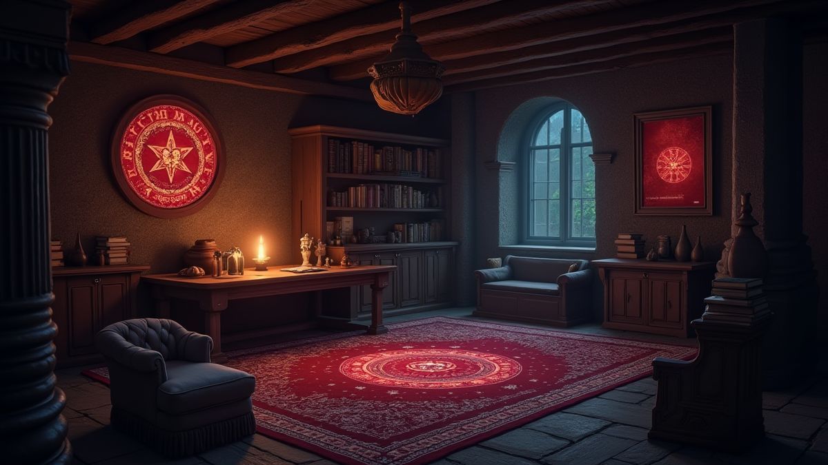 Kamer van een tovenaar met gloeiende runen en mysterieuze boeken.