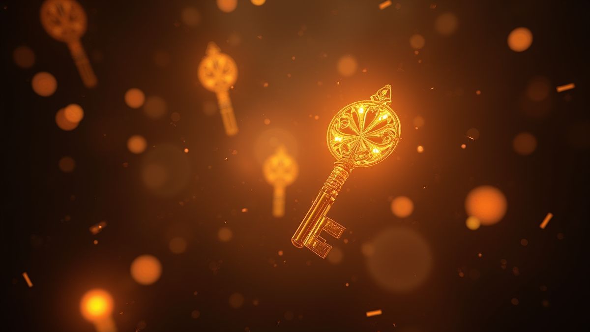 Gouden sleutels die zweven in een mystieke aura.