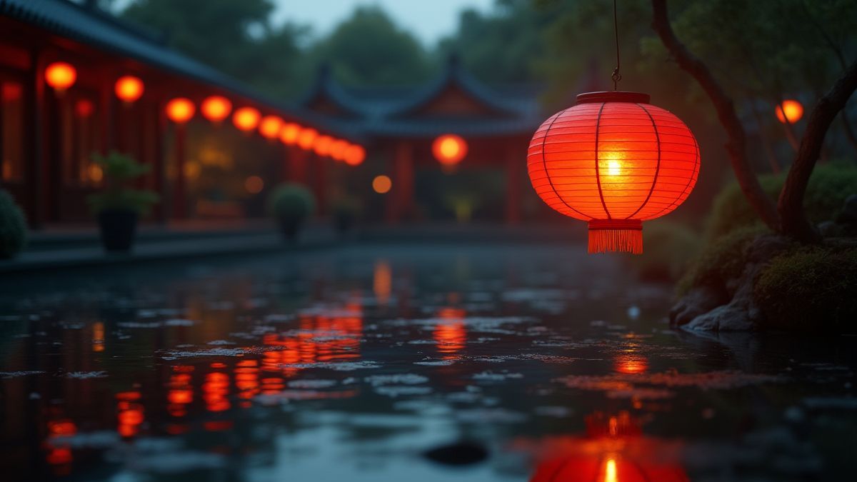 Linterna roja flotante en un jardín asiático.