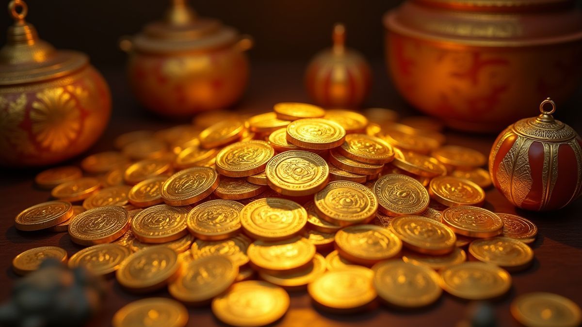 Montón de monedas de oro con artefactos asiáticos.