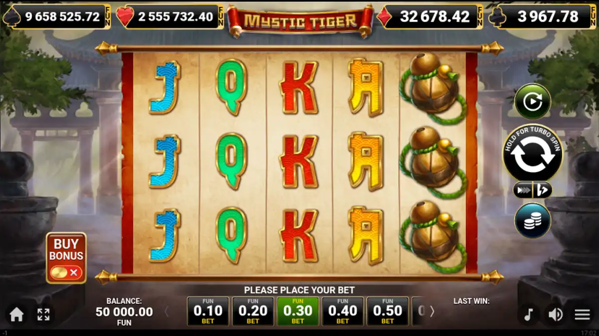 Pantalla del juego base de Mystic Tiger Slot