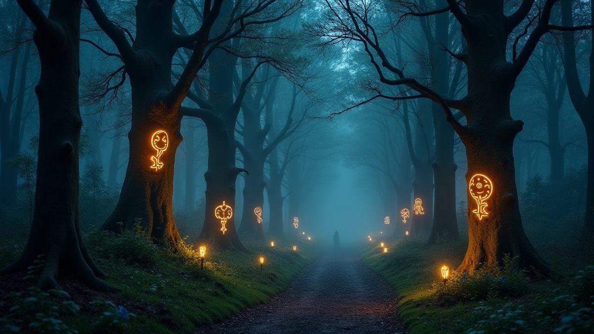 Forêt enchantée avec des runes magiques brillantes dans les arbres.