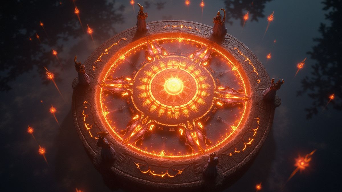 Roue magique brillante entourée de runes flottantes.