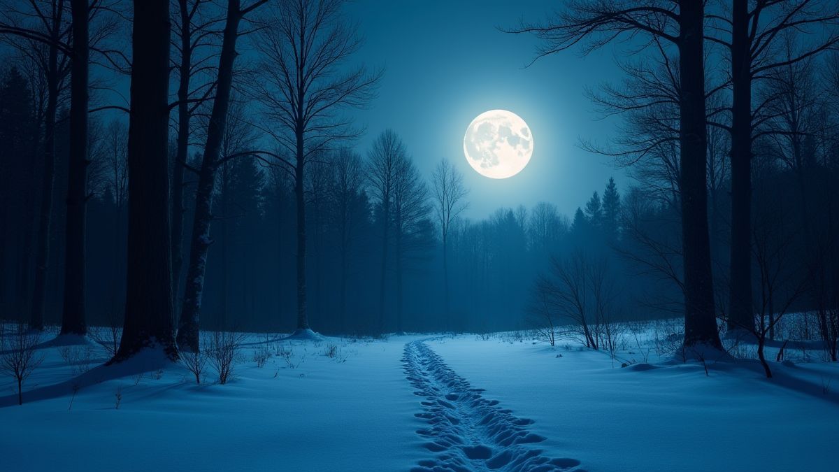 Bosque iluminado por a lua cheia com pegadas de lobo na neve.