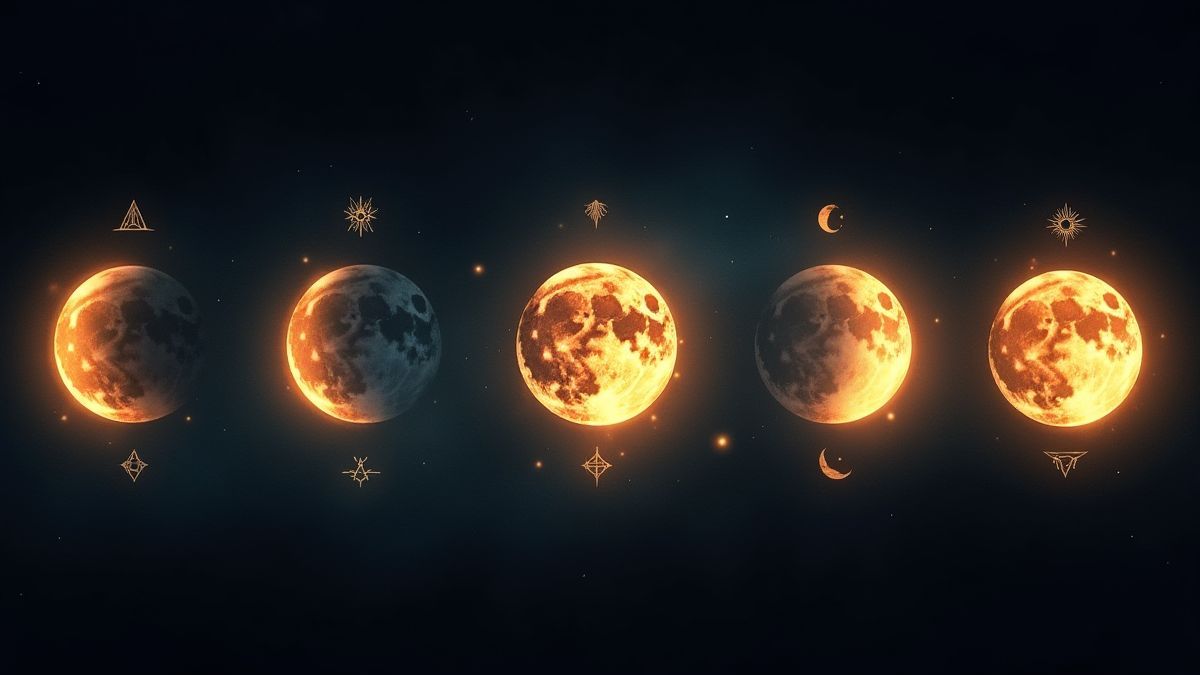 Fases da lua rodeadas de símbolos místicos em um fundo escuro.