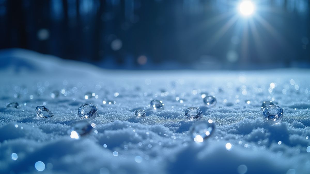 Diamantes brilhando em uma superfície nevada sob a luz da lua.