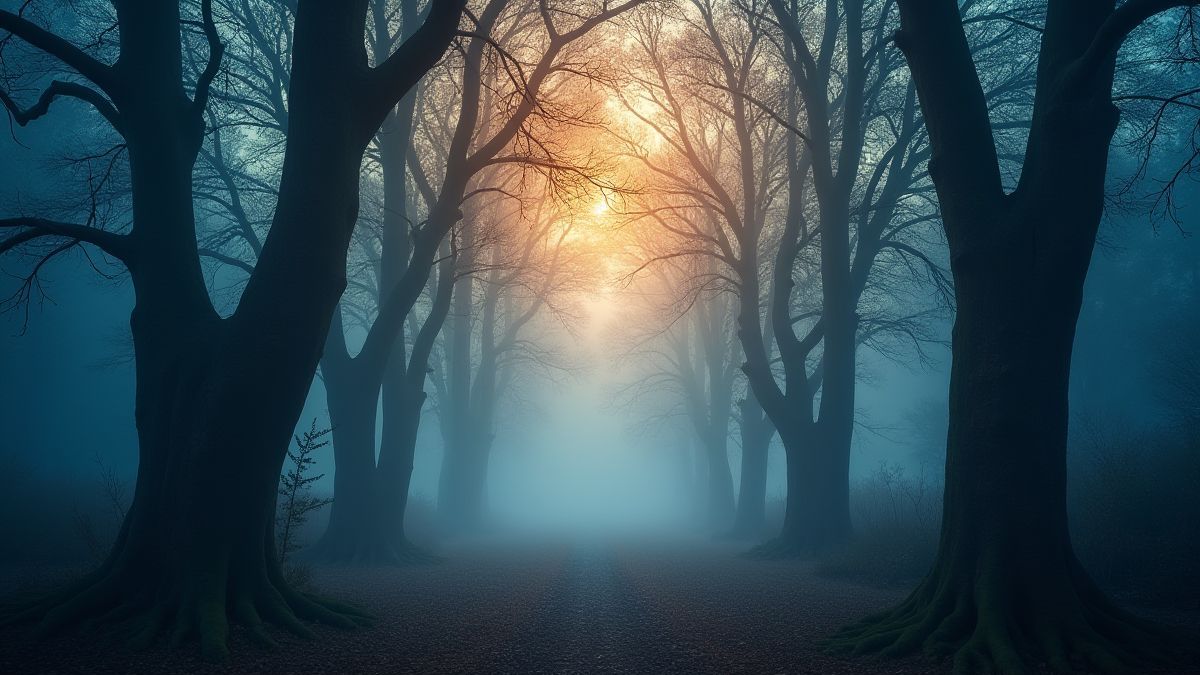 Un bosque mágico con árboles resplandecientes y niebla.