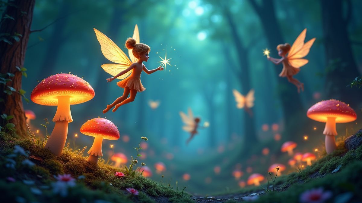 Hadas brillantes alrededor de hongos resplandecientes en un bosque mágico.