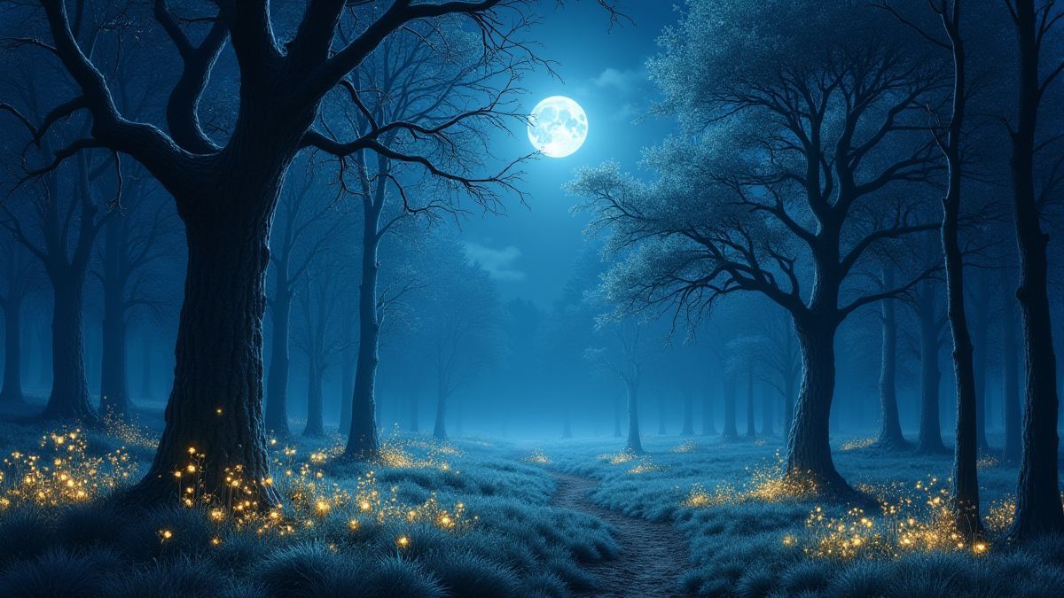 Un bosque iluminado por la luna con árboles brillantes y flores resplandecientes.