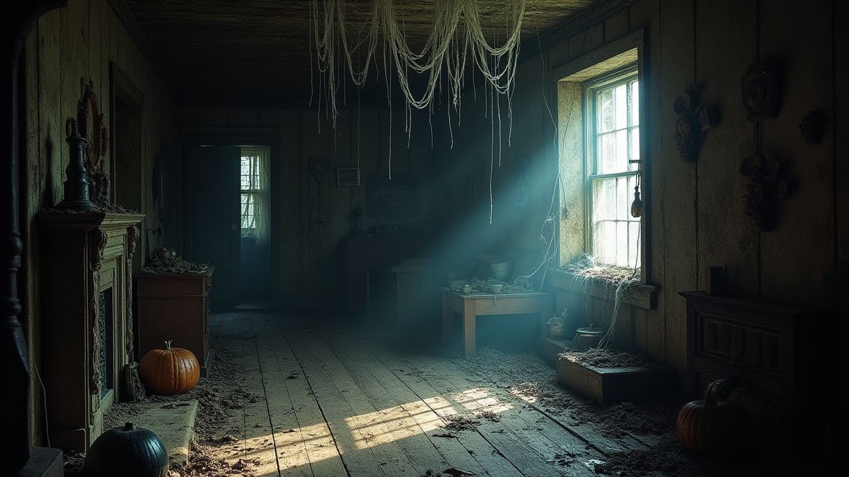 Um sótão arrepiante com teias de aranha e artefatos místicos.