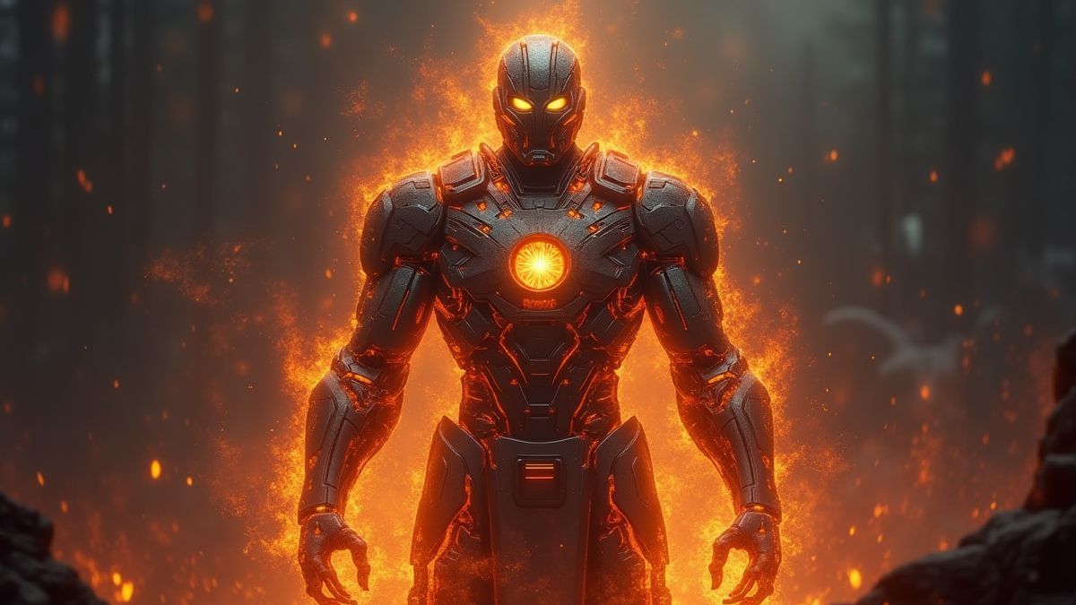 Uma donzela de ferro brilhante com energia mística ao seu redor.