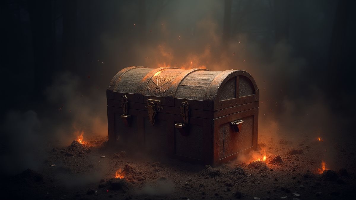 Um baú do tesouro misterioso cercado por luz mística.