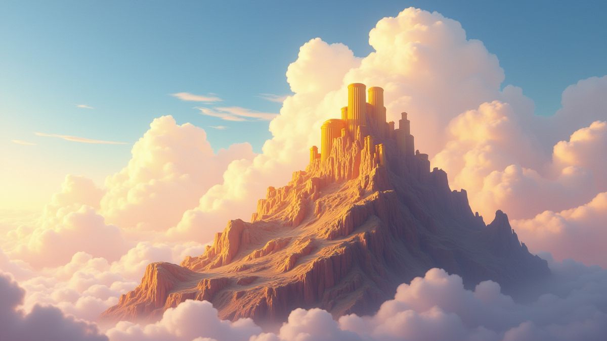 Mount Olympus with golden pillars and clouds