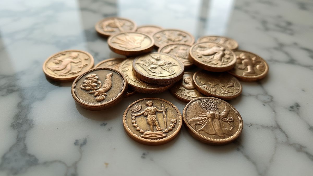 Monnaies anciennes grecques sur une table en marbre.