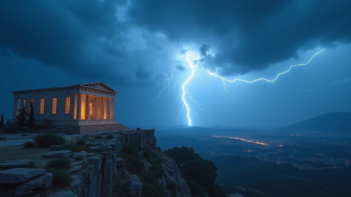 Paysage grec orageux avec éclairs et temples.