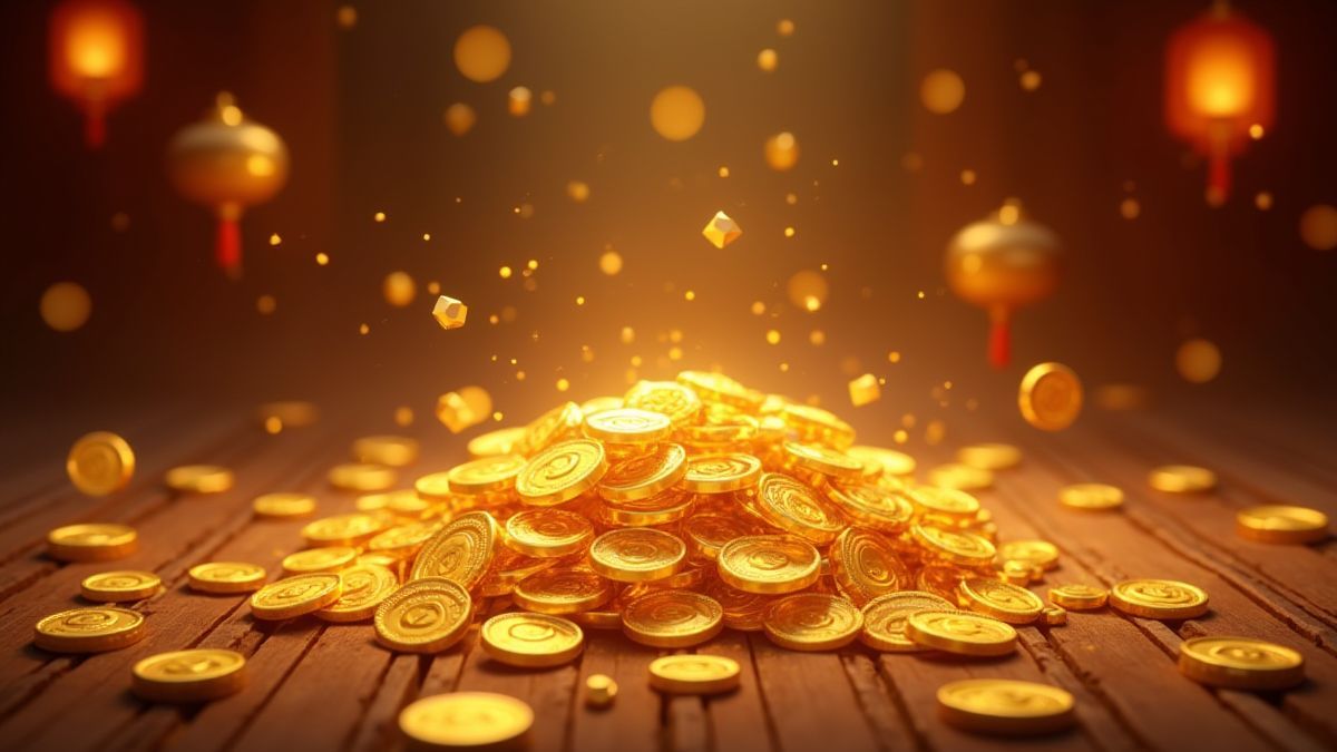 Golden coins and mystical glowing symbols shimmering in an oriental environment.