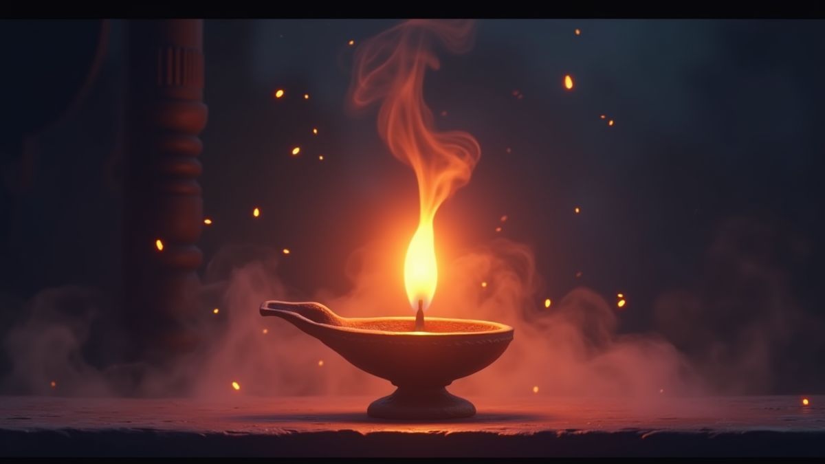 Glowing oil lamp with mystical smoke around it.