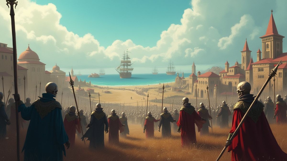 Campo de batalla animado con soldados esqueléticos y barcos al fondo.