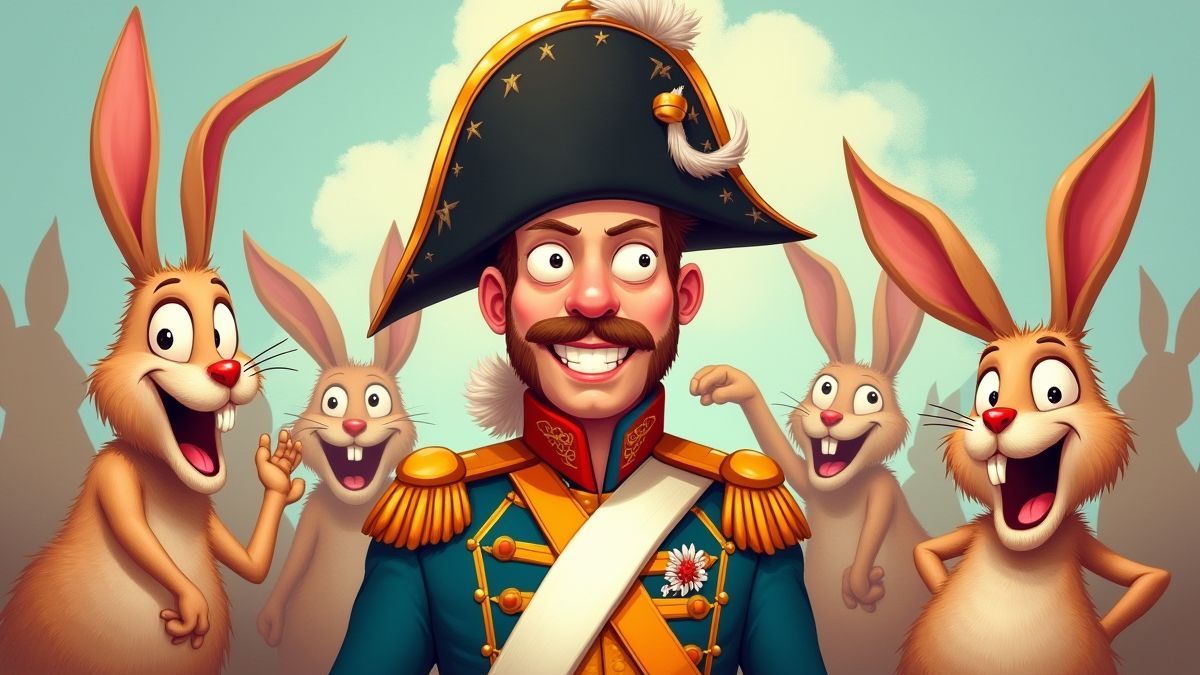 Napoleon omringd door ondeugende konijnen in cartoonstijl.