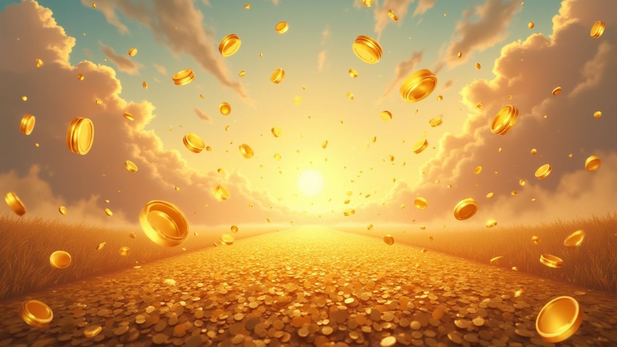 Pièces d'or tombant sur un champ de bataille victorieux.