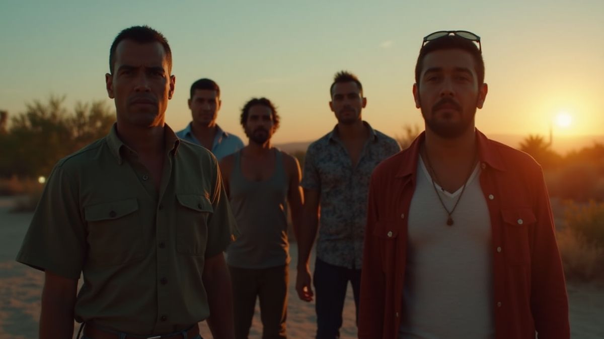 Leiders van een Mexicaans kartel bij zonsondergang, omringd door een woestijnlandschap.
