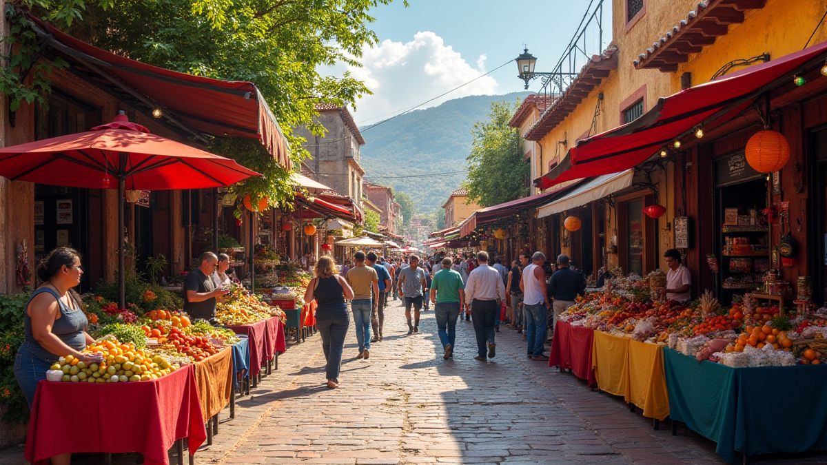 Mexicaanse straatmarkt vol levendige kleuren en een bruisende sfeer.