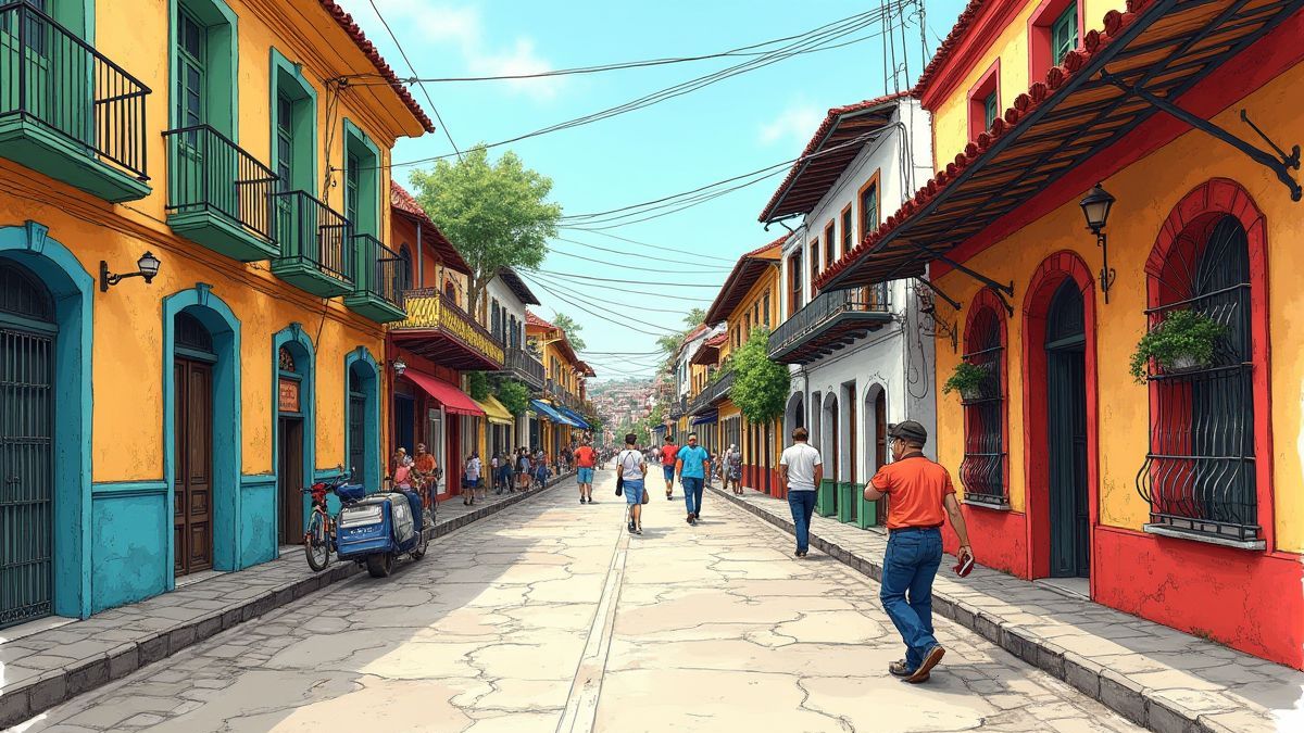 Illustration einer Straße in Medellín mit lebhaften Farben und regem Treiben.