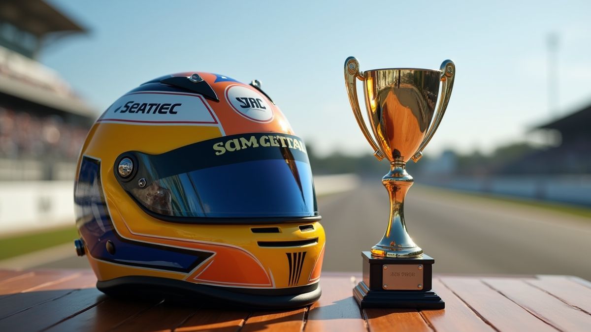 Casco de carreras y trofeo sobre una mesa con pista de carreras al fondo.