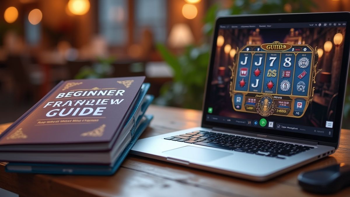 Guía para principiantes junto a un ordenador mostrando un slot.