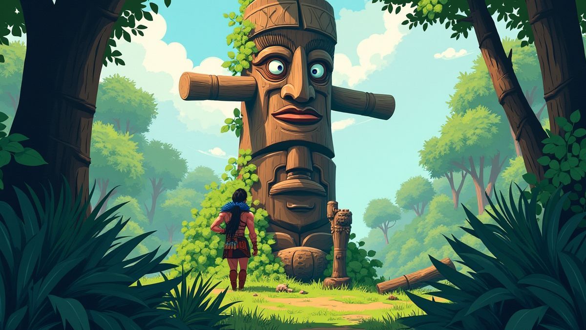 Ein Totem umgeben von Vegetation und einem Stammeskrieger.