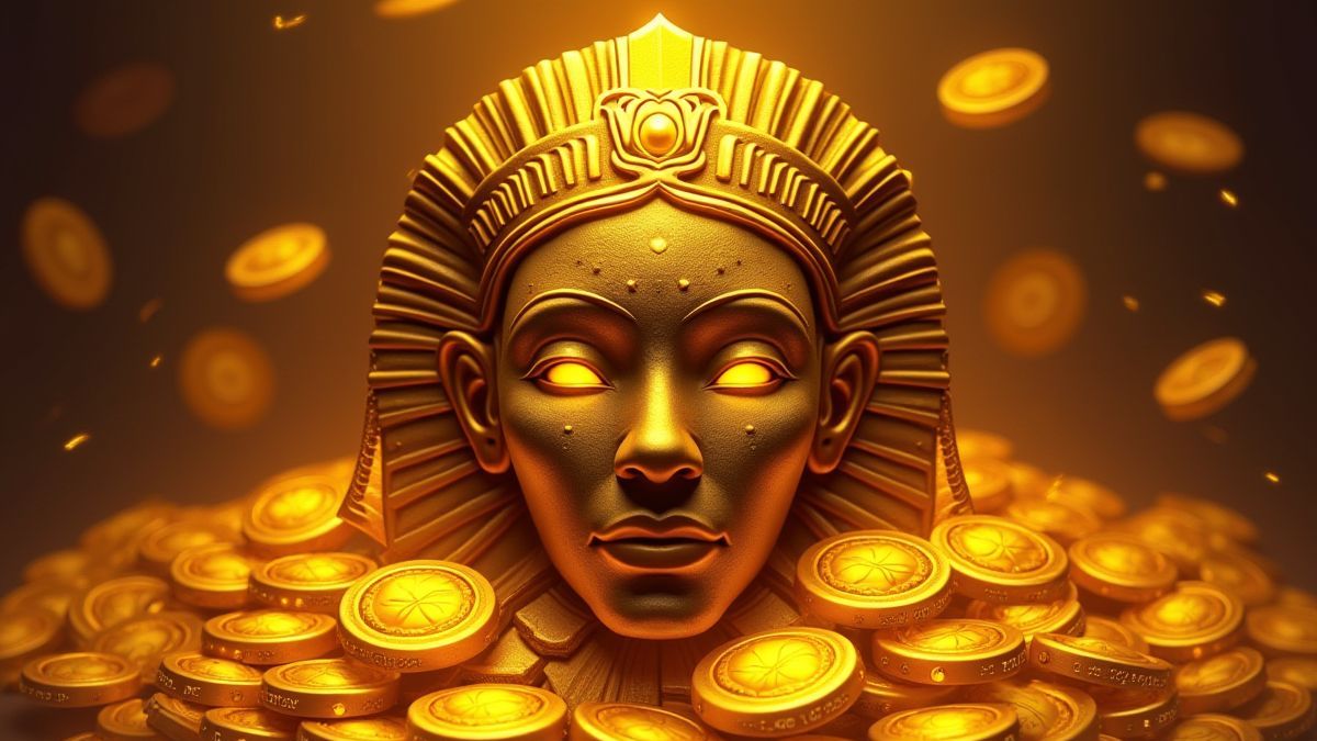 Eine goldene Stammesmaske umgeben von leuchtenden Münzen.