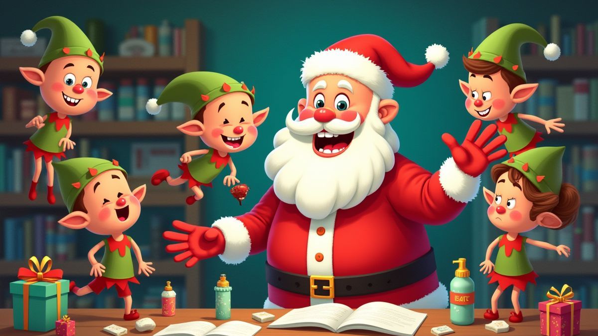 Santa travesso com elfos brincalhões em um ateliê de Natal colorido.