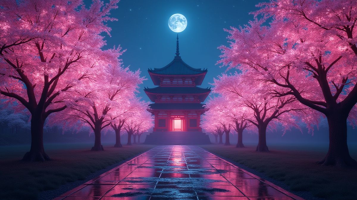 Templo misterioso rodeado de flores de cerezo luminosas