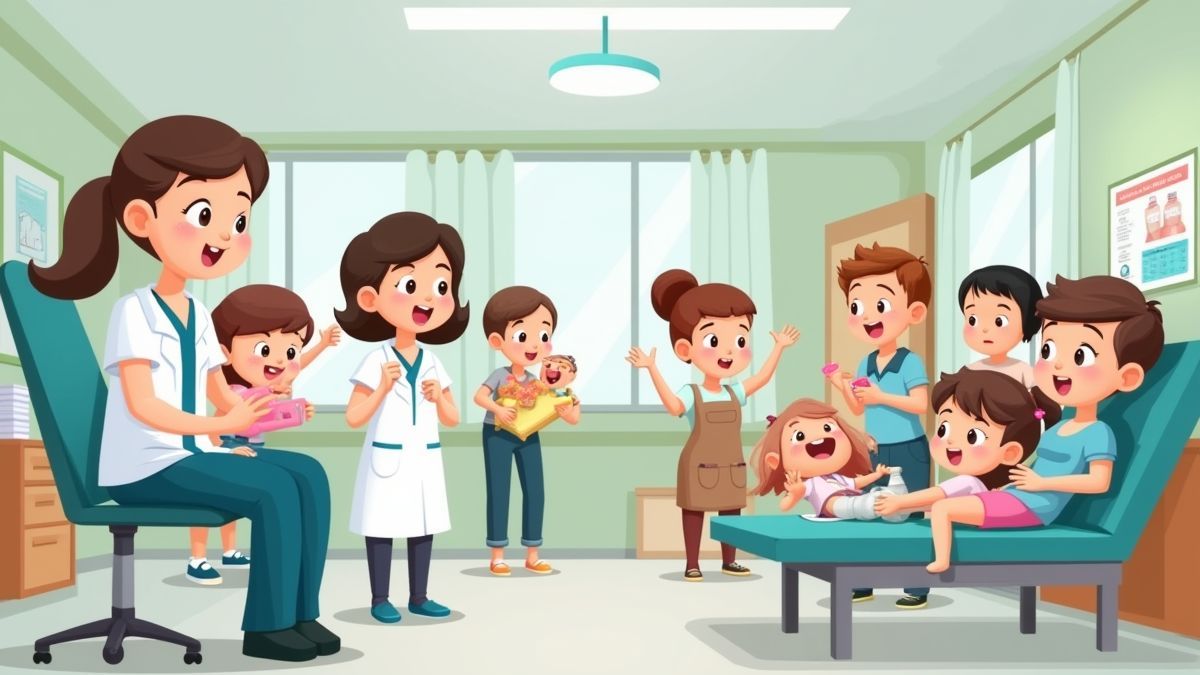 Animated hospital with nurses and patients in fun activities.