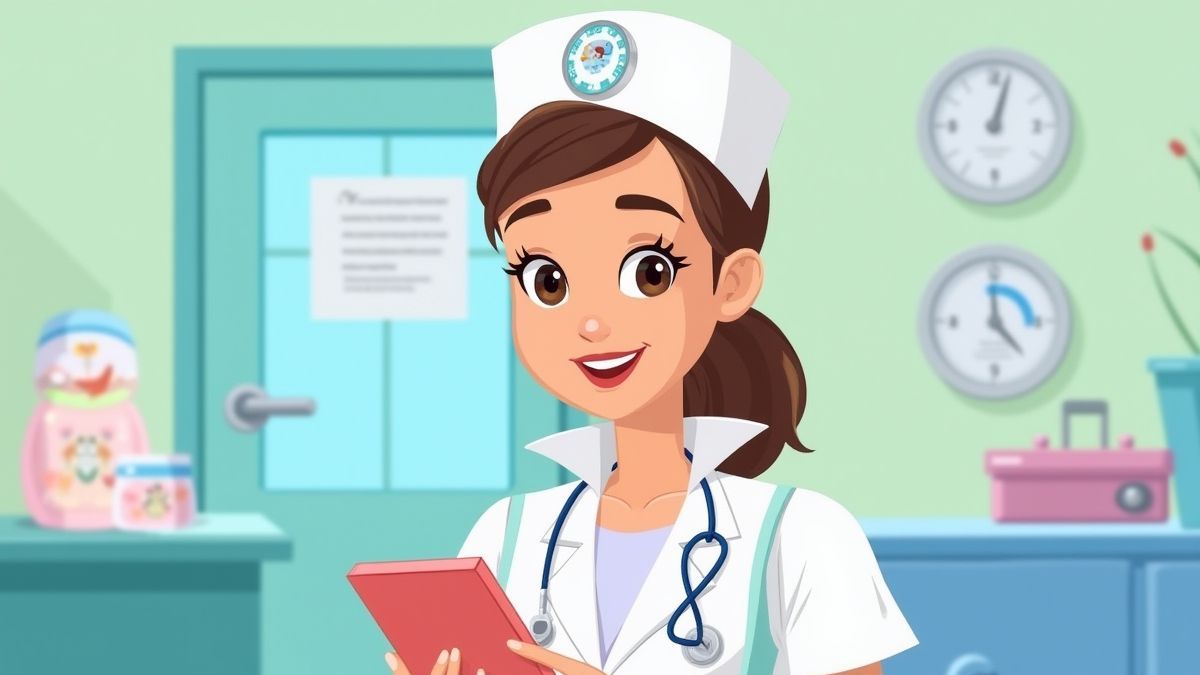 Animated nurse holding medical tools in a fun setting.