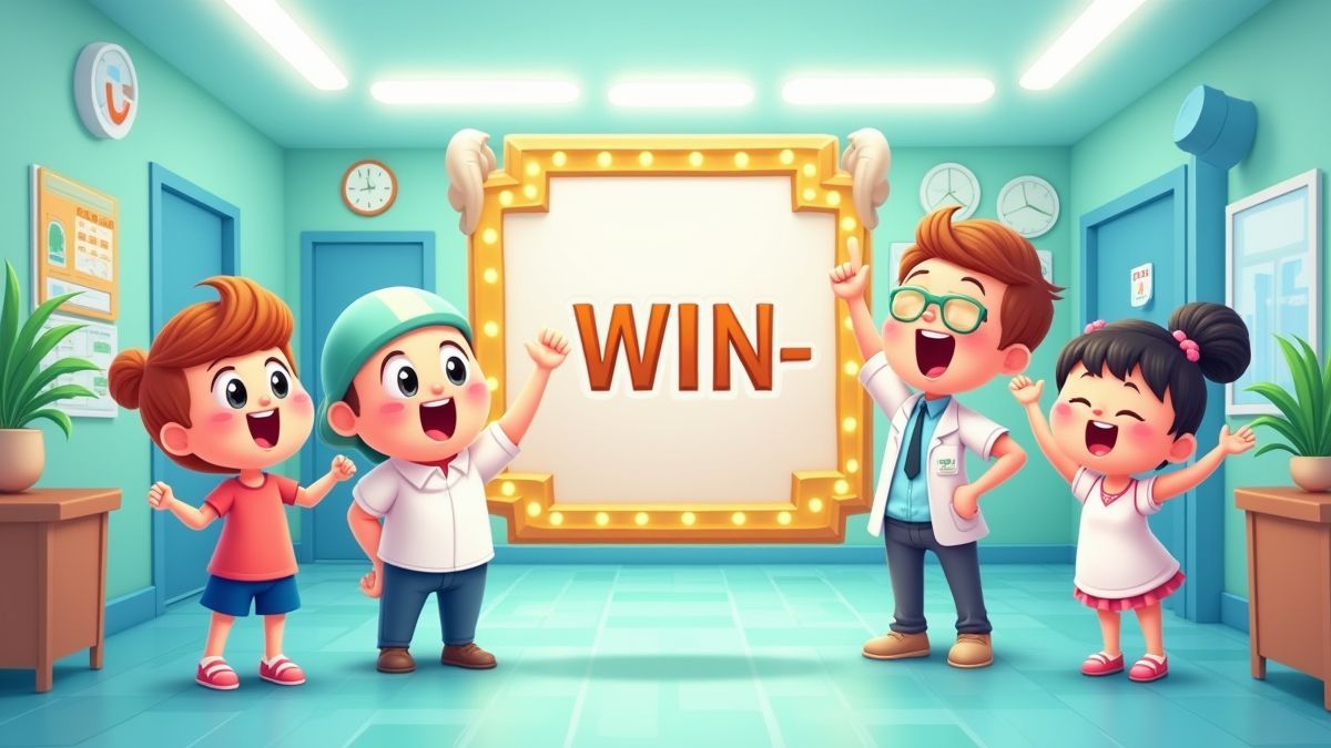 Animated hospital scene with characters celebrating a prize.