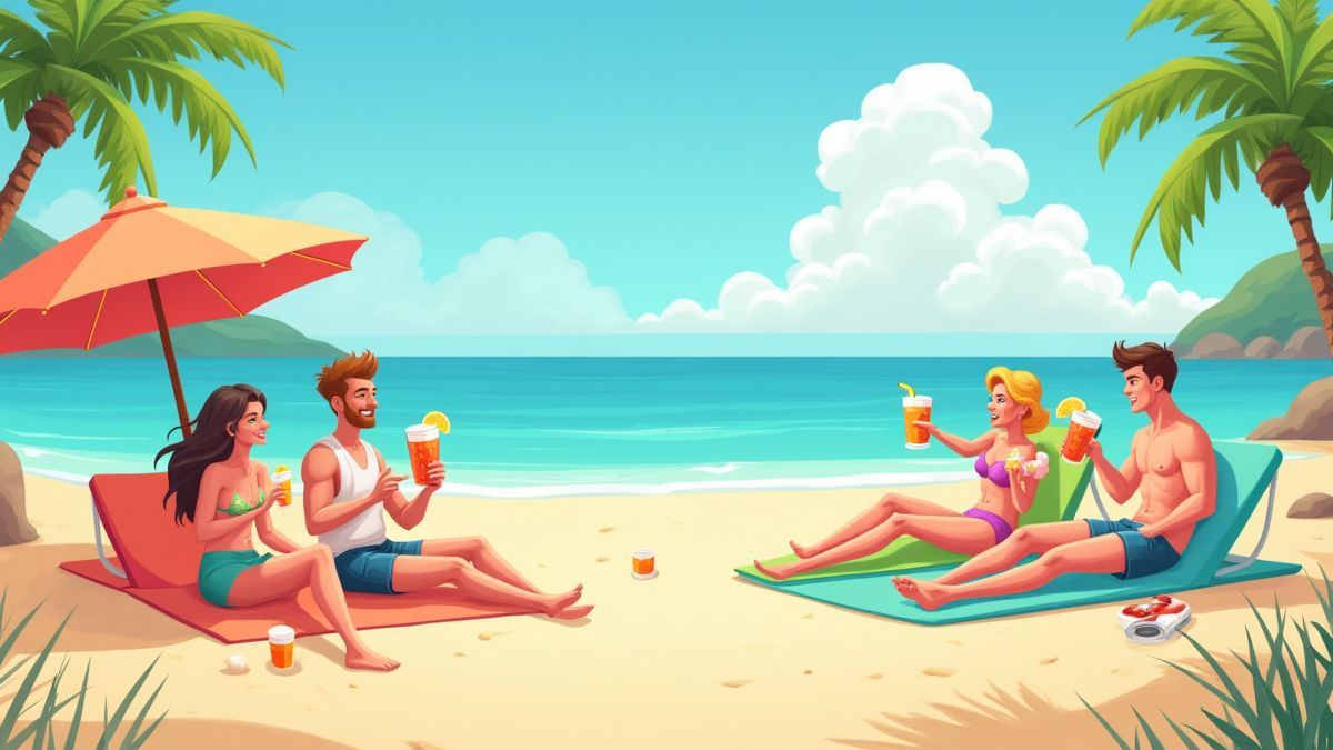 Escena animada de personajes en la playa disfrutando de cócteles y juegos.