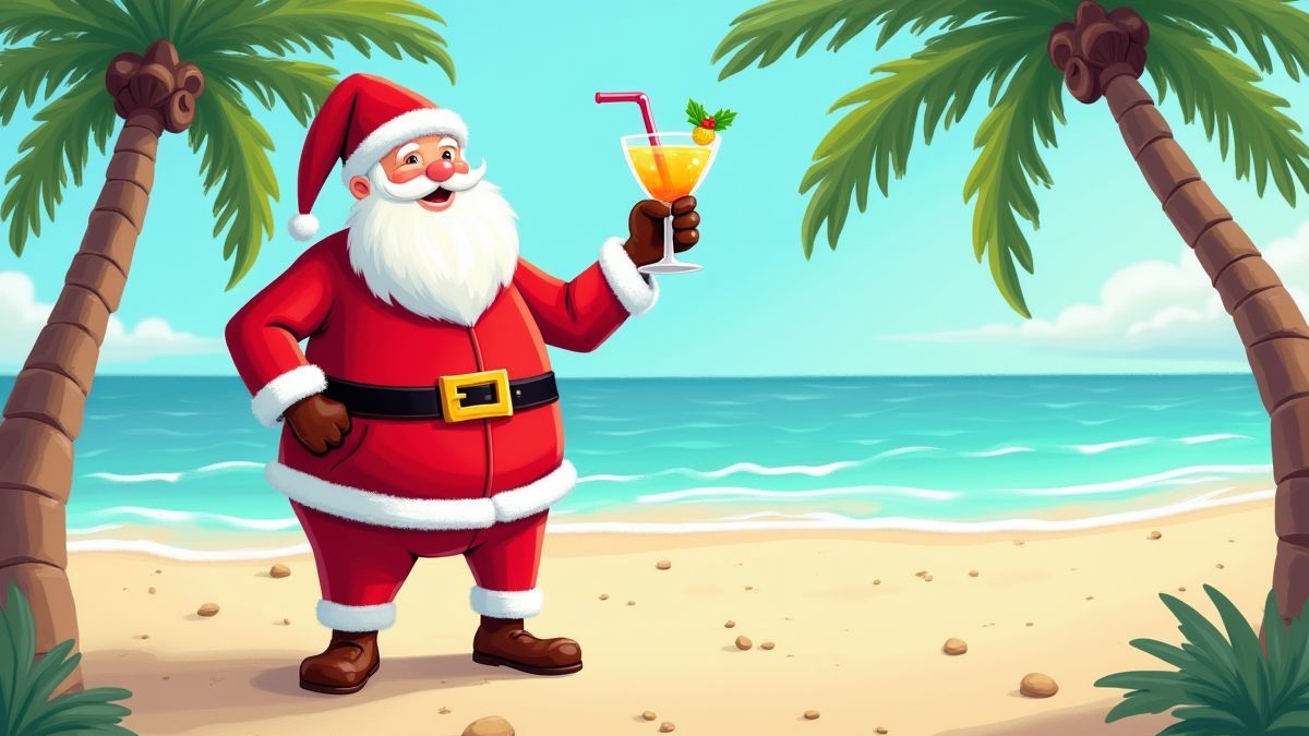 Santa Claus en ropa playera sosteniendo un cóctel cerca de unas palmeras.