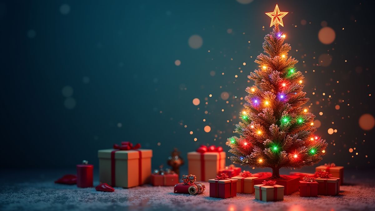 Festive Christmas tree with gifts and colorful lights.