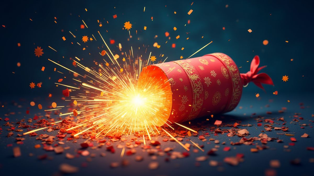 Christmas cracker exploding with sparks and confetti.
