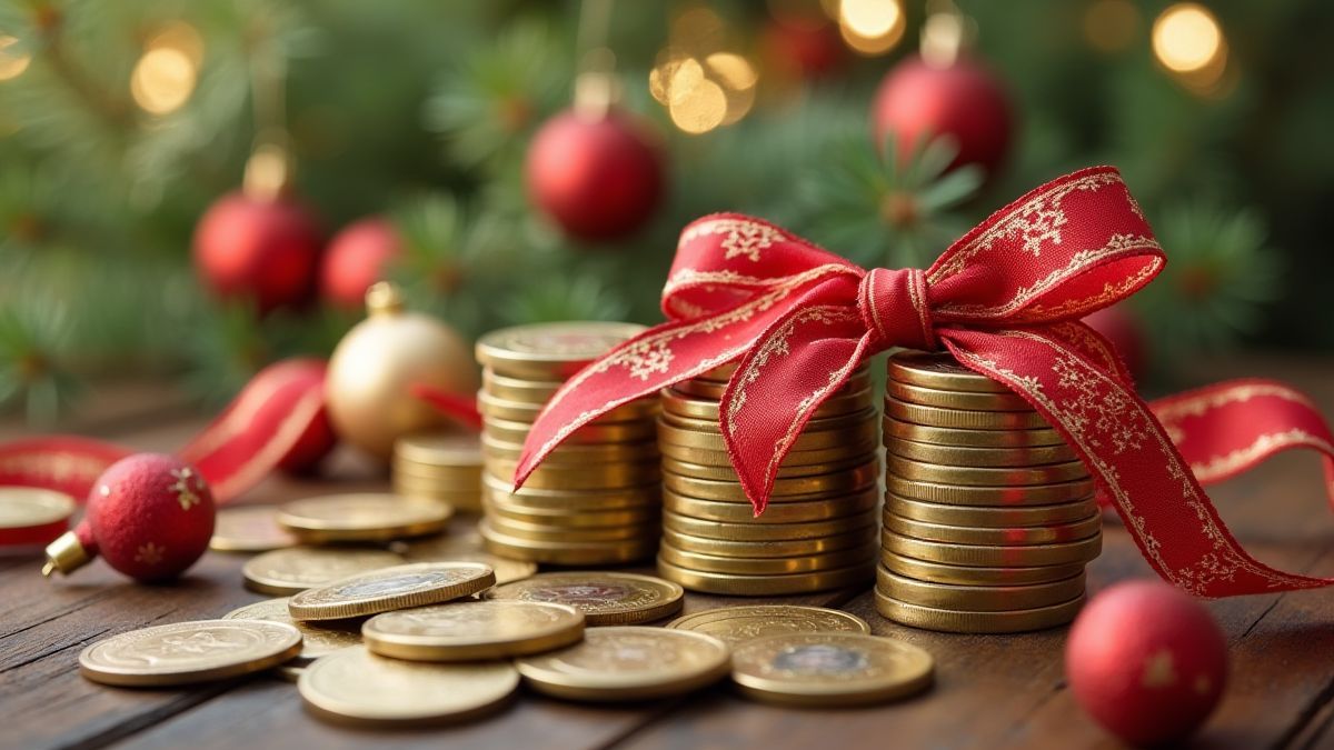 Stack of coins decorated with ribbons and Christmas ornaments.
