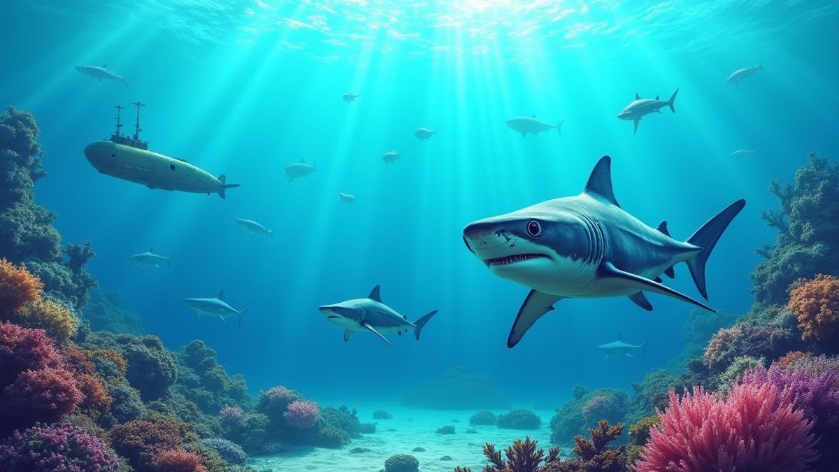 Een levendig onderwaterlandschap met haaien en onderzeeërs.