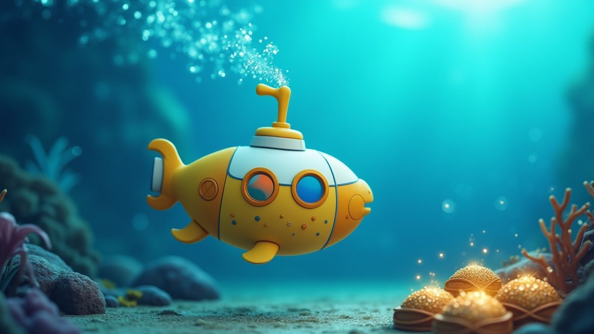 Een animatie van een onderzeeër die bubbels vrijlaat naast sprankelende schatten.
