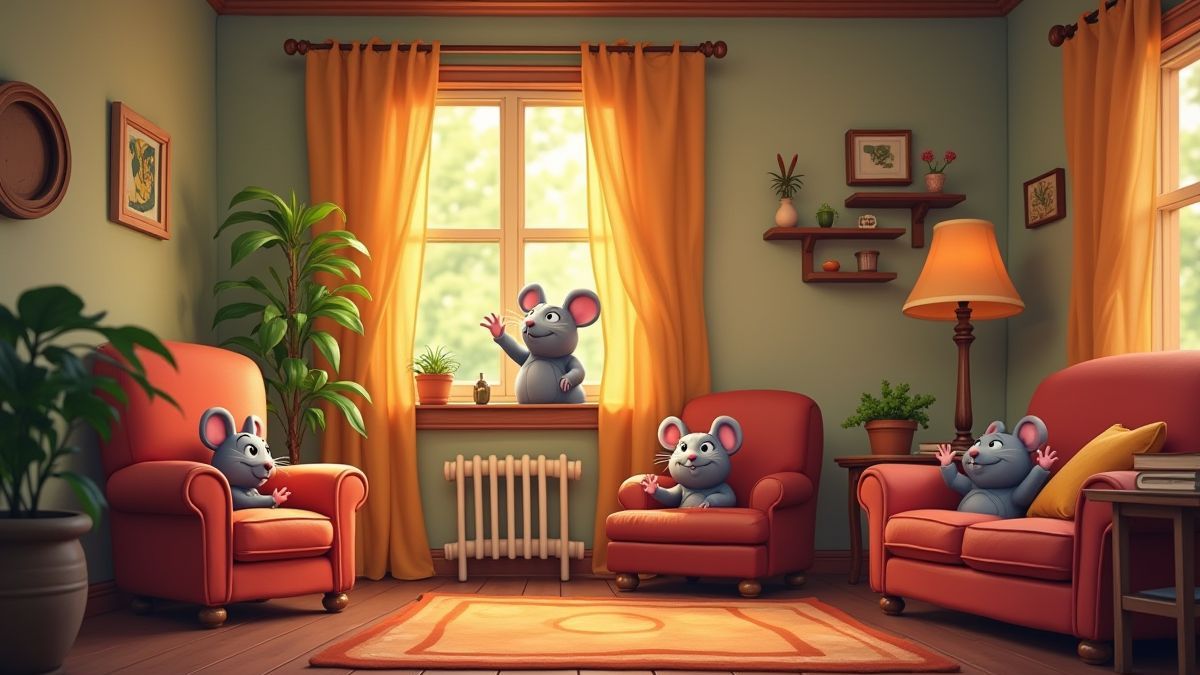 Sala de estar com ratos animados saindo de buracos na parede.