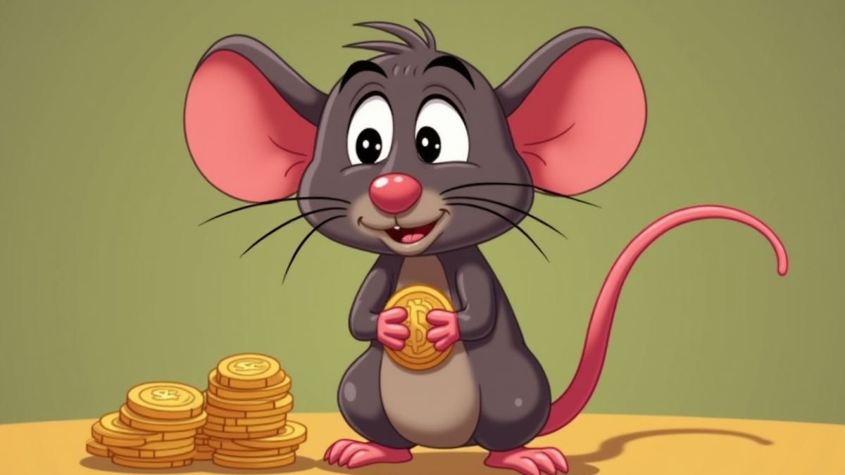 Uma rata animada segurando moedas.